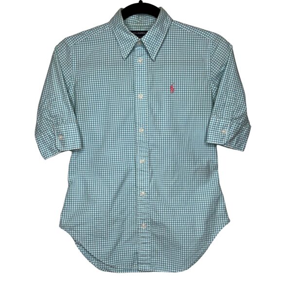 Ralph Lauren Size 2 Sport Super Slim Fit Shirt Blue White Gingham Button Front - Picture 1 of 8